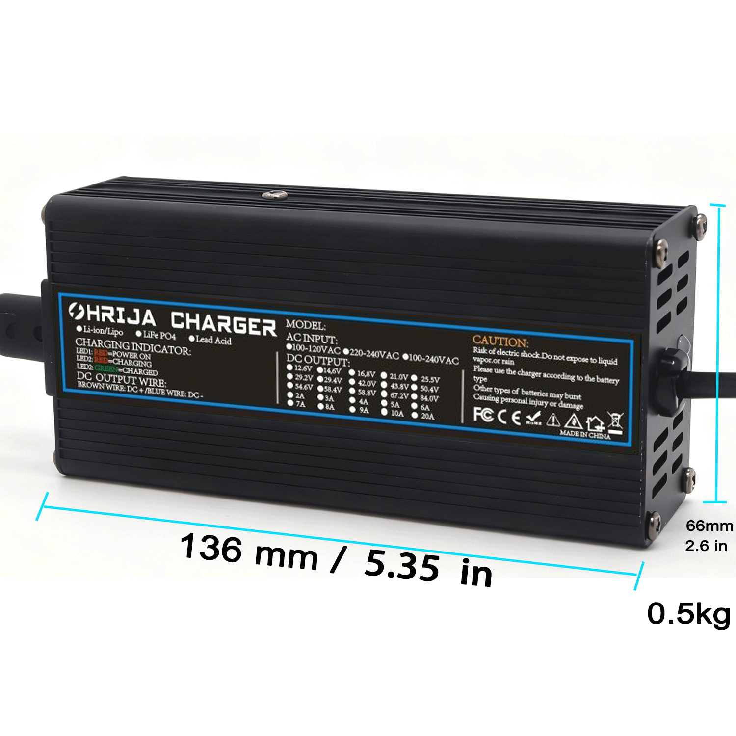 OHRIJA 54.6V 2A Aluminum Alloy Lithium Battery Charger for 48V Electric Scooter/Balancing Vehicle/Electric Vehicle (13 Series 48V Lithium Battery) 3 尺寸图