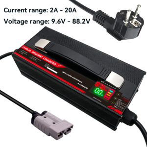 Intelligentes, einstellbares Ladegerät mit einstellbarer Spannung und Stromstärke (9.6–88.2 V, 2–20 A). Hochleistungs-Gleichstrom-Ladegerät mit Digitalanzeige, automatischer Umschaltung zwischen Konstantstrom und Konstantspannung. Geeignet für Lithium-Ionen-Akkus, Bleiakkus und andere Batterien.