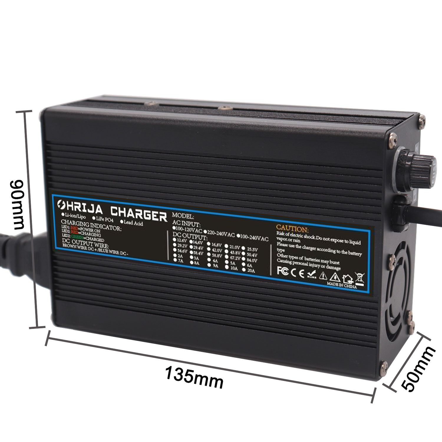 OHRIJA 18.25V 10A Aluminum Alloy Lithium Battery Charger for 5 Series 16V Lifepo4 Battery 2 300W尺寸图