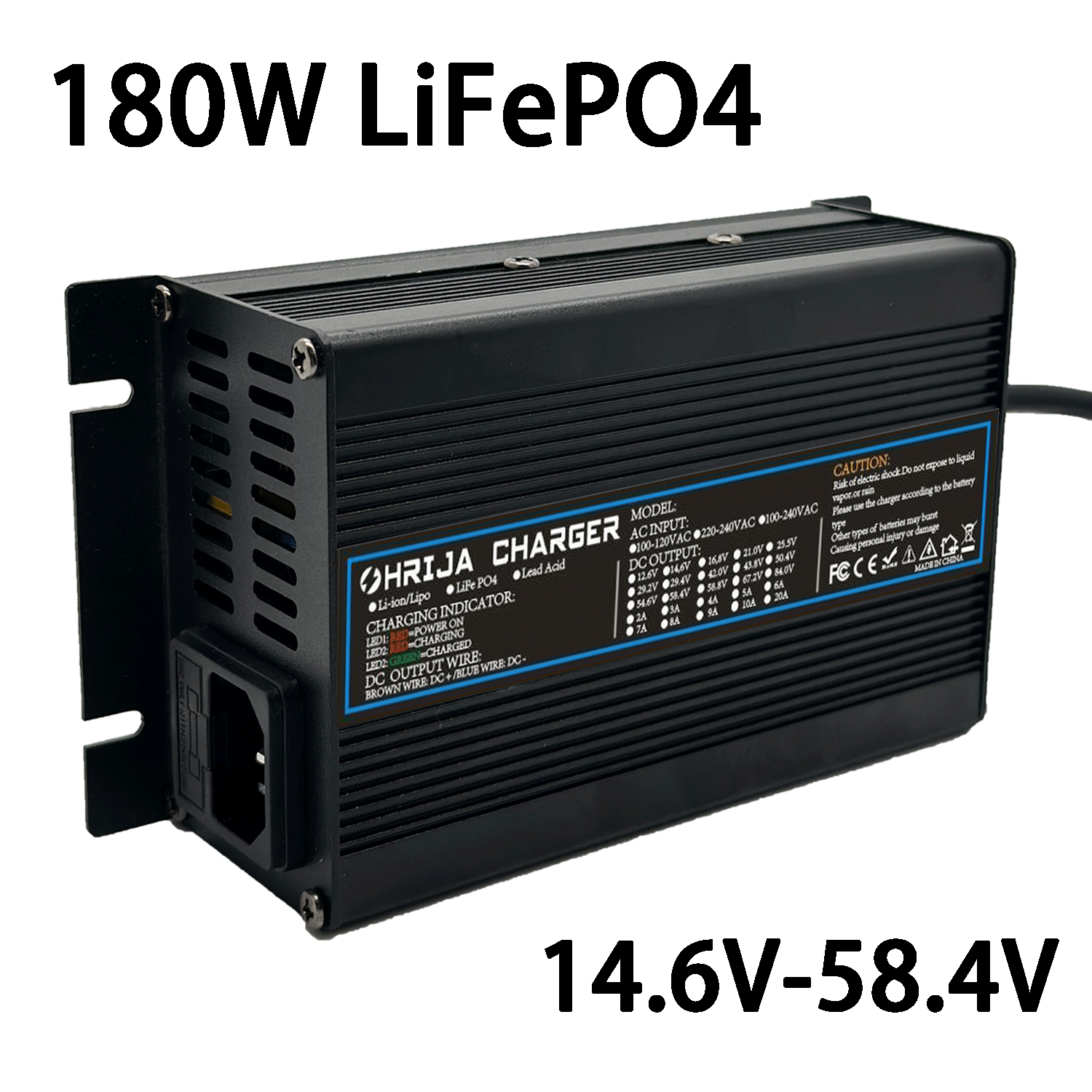 OHRIJA 180W LiFePO4 Battery Charger | Wide AC Input, Optional EU/US/UK/AU Plugs & Multiple Custom DC Output Connectors 1 OHRIJA 180W LiFePO4 Battery Charger | Wide AC Input, Optional EU/US/UK/AU Plugs & Multiple Custom DC Output Connectors