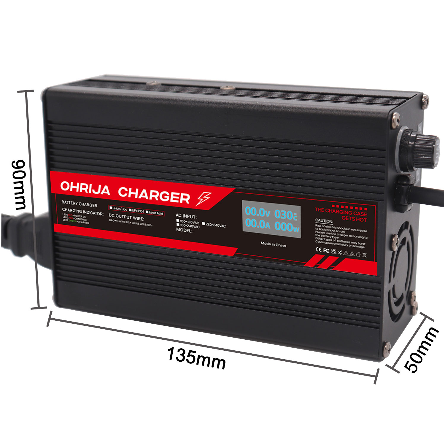 OHRIJA 54.6V 2A 2.5A 3A Lithium Battery Charger with LCD Digital Display | 48V 13S Li-ion Battery Pack CC CV Smart Charger 15 300W 显尺寸图