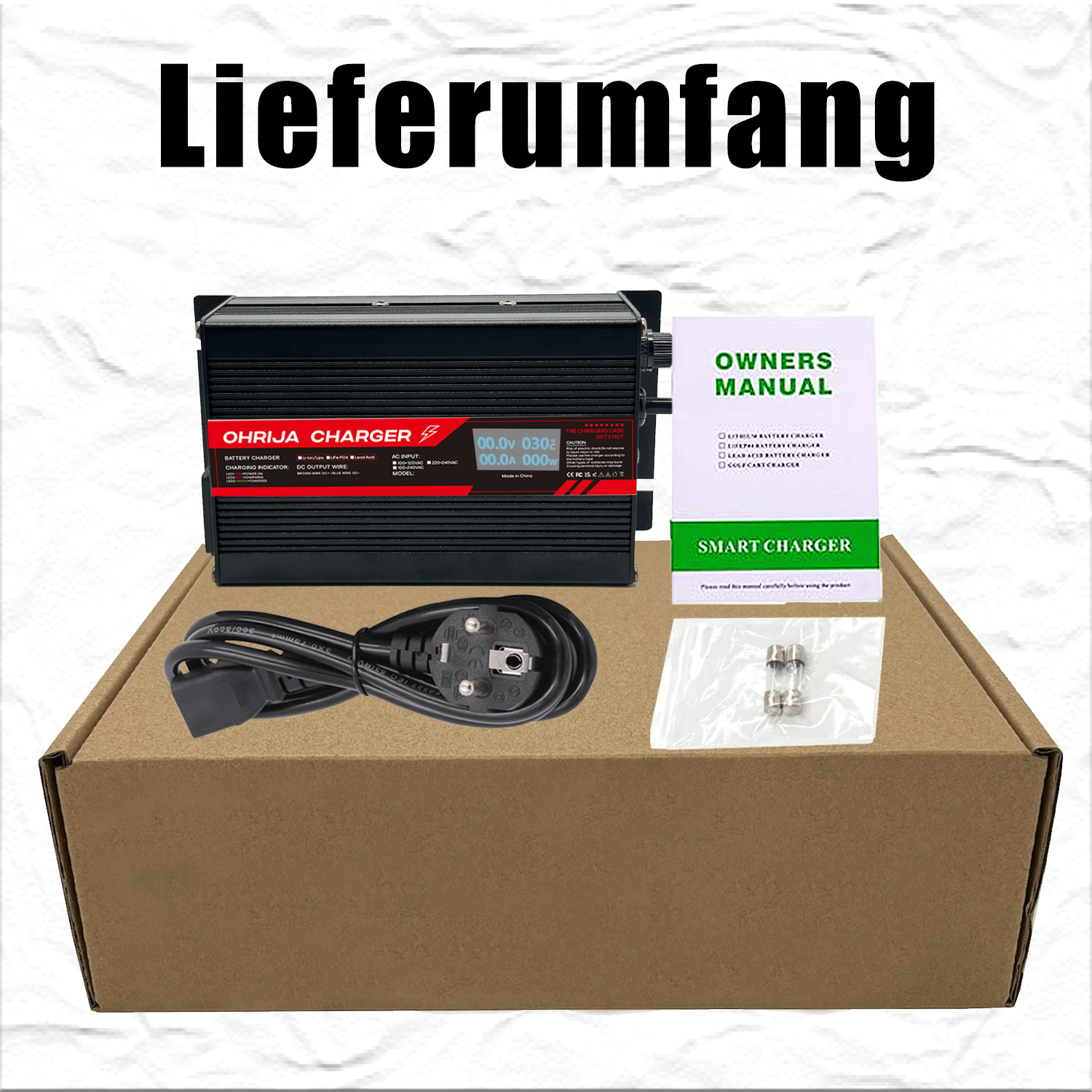 OHRIJA 180W LCD LiFePO4 Battery Charger | Wide AC Input, Optional EU/US/UK/AU Plugs & Multiple Custom DC Output Connectors 6 300W带显6 1