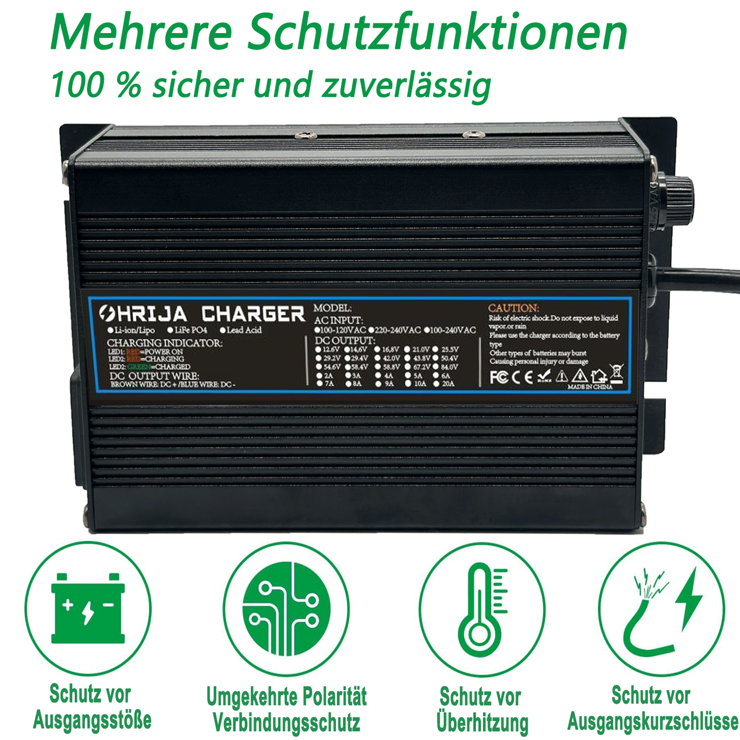 OHRIJA 180W LiFePO4 Battery Charger | Wide AC Input, Optional EU/US/UK/AU Plugs & Multiple Custom DC Output Connectors 15 5