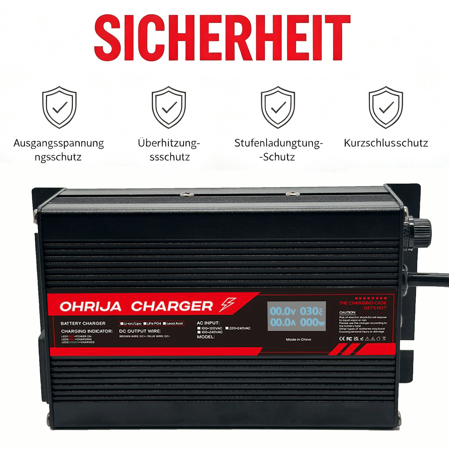 OHRIJA 180W LCD LiFePO4 Battery Charger | Wide AC Input, Optional EU/US/UK/AU Plugs & Multiple Custom DC Output Connectors 3 带显2